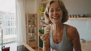 Beautiful senior woman preparing an healthy breakfast with fresh fruits early in the morning