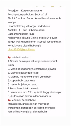taarufanyuk on Instagram: "🍉 Data Diri 🍉 Nama/Inisial : Saat Ta’aruf Jenis kelamin : Perempuan Domisili/asal : Karesidenan Madiun (saat ta’aruf) Suku : Jawa Tahun kelahiran/umur : 2000/25 Tinggi/berat badan :160/58 Ciri fisik lain : Berhijab, kulit bersih, mata sipit Hobi : Nonton, treveling Status : belum pernah menikah Pendidikan terakhir : S1 Pekerjaan : Karyawan Swasta Pendapatan perbulan : Saat ta’ruf Sholat 5 waktu : Sudah kewajiban dan sunnah lainnya Latar belakang keluarga : sederhana 