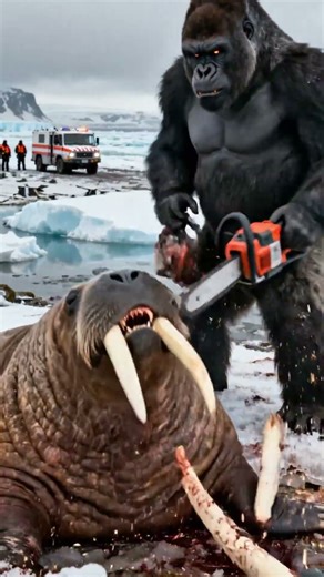 Gorilla Chainsaw Horror! Can Walrus Save Its Tusks? 1=Yes 2=No #Gorilla #Walrus #chainsaw