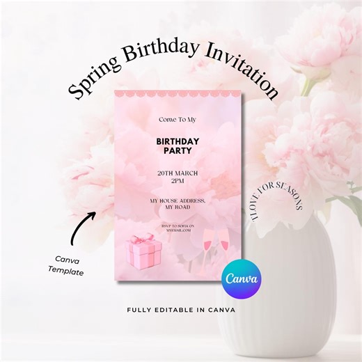 Pink Spring Birthday Invitation, Birthday Canva Template, Editable Invitation, Party Invite, Instant Download, Pink Floral, Rose - Etsy