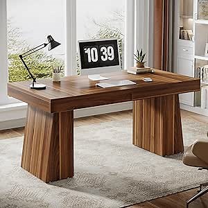 Tribesigns 55 Inches Executive Desk, Mid-Century Modern Home Office Desk with Double Trapezoid Base, Wood Computer Desk Business Workstation Desk Small Conference Table, Brown