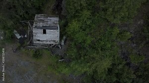 Aerial view of an abandoned old mining head frame outside of a forgotten silver mine in Cobalt Ontario Canada