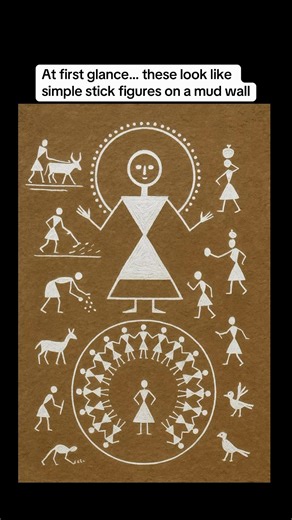 Warli art may look simple, white geometric figures painted on a mud wall but the worldview behind it is anything but simple. For the Warli tribe of Maharashtra, these paintings were never meant to be decorative. They were a visual language that explained how the universe works. Most Warli paintings place Palaghata, the Mother Goddess, at the center. Her body is drawn using two triangles: One pointing upward : representing the mountains, the sky, the masculine One pointing downward : representing