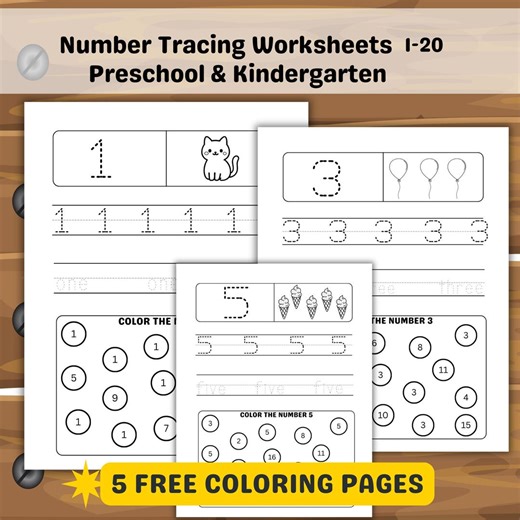 Number Tracing Worksheets 1-20 | Preschool, Kindergarten, and 1st Grade Handwriting Practice + 5 Bonus Coloring Pages (digital Download) - Etsy