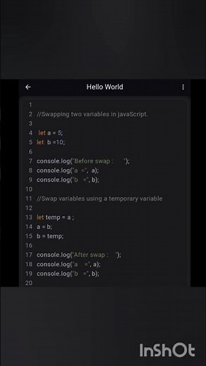 Swapping two variables in javascript. #htmltags #html #java #coder #coding #code #js #javascript #c