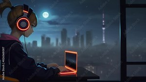 An anime girl, wearing headphones, is sitting at a table, focused on using a laptop computer, a big night city in the background