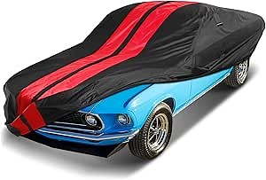 iCarCover Custom Car Cover Compatible with Mustang 1969-1973, Waterproof All Weather Rain Snow UV Sun Protector Full Exterior Indoor Outdoor Car Covers, Stripe (Black/Red)