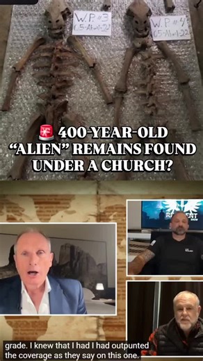 🚨 400-YEAR-OLD “ALIEN” REMAINS FOUND UNDER A CHURCH? On Reality Check, Ross Coulthart sits down with U.S. Marine veteran Chad Robichaux and TAD Recovery CEO TW Mock to reveal images of what they claim are 400-year-old non-human skeletal remains discovered beneath a church in Mexico — allegedly built over a UAP crash site. Mock says after touching one of the remains, he was warned he would soon pass away. They’re releasing the images and telling their story publicly for the first time. Question: