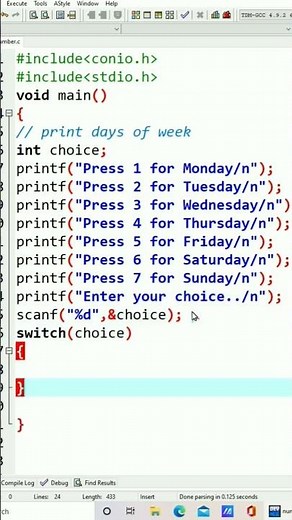 c program to print day of week using switch case