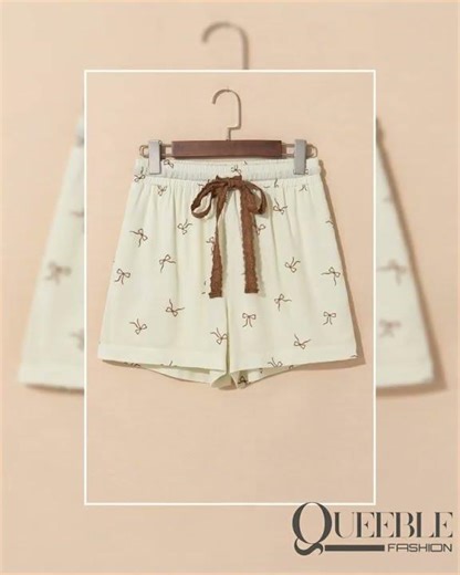 Bow Print Lace Drawstring Casual Shorts
