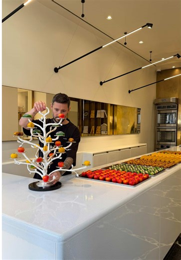 Un arbre fruitier argenté et ses fruits trompe-l'œil