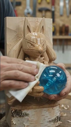 Carving Lucario Out of Wood with a Glowing Aura Sphere! 🔵 #shorts