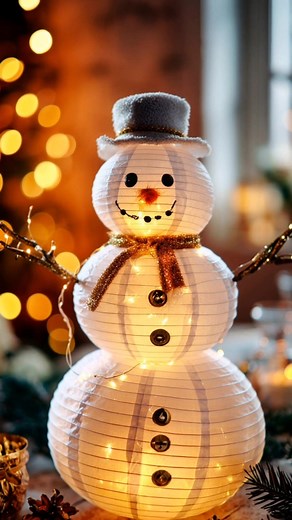 A snowman that glows and never melts. Stack three white party lanterns with string lights inside, add branches, buttons, and a scarf for the sweetest DIY winter glow. ☃️✨️ #christmasdecor #holidaydiy | Holiday Addiction