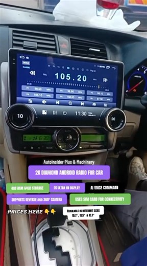 Advanced car display system/ Android Radio, featuring a 2K Ultra HD display, 4GB RAM, and 64GB storage for smooth. Seamless wireless connectivity, full 360-degree camera support, and control via AI voice commands—designed for better visibility, smarter driving, and an enhanced driving experience. The system comes in two types: One with a SIM card and one without. Both offer all the features above; the only difference is SIM card functionality. With SIM card: Available in three sizes 10.1" – Ksh 