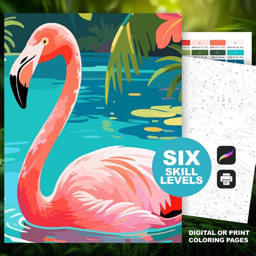 Pink Flamingo Paint by Number Printable/Procreate Adult Coloring Pages (6 Skill Levels, Digital)
