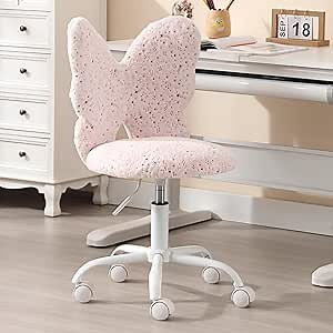 Kmax Kids Desk Chair, Faux Fur Butterfly Chair with Wheels Adjustable Fuzzy Kids Office Chair Cute Swivel Childrens Chair for Bedroom Reading Room - Pink