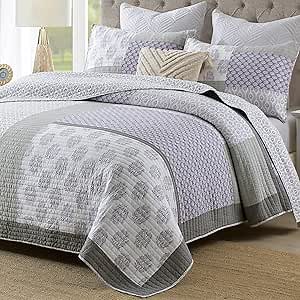 Purple Gray King Quilt - 100% Cotton Floral Real-Patchwork Plaid Reversible Quilted Bedspread for King Size Bed, Modern Farmhouse Lightweight All-Season 3-Piece Comforter Set, 98"x106"