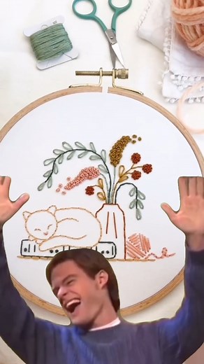 Be like Bill and make some time for yourself with our FREE ‘Cozy Cat’ embroidery workshop!! The washing can wait. 😉✨🎉 Don’t worry if embroidery has looked daunting to you in the past – I’ll hold your hand each step of the way as you stitch this pattern to life. This pattern is the perfect starting point for your embroidery journey, made with just 4 beginner-friendly stitch techniques – Back Stitch, Straight Stitch, Lazy Daisy, and French Knots. 🐱 I can’t wait for you to make some time for you