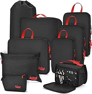 9 Set Compression Packing Cubes for Travel, Waterproof Organizer Set with Underwear Bag, Hanging Toiletry Bag, Shoe Bag, Laundry Bag & Digital Pouch (Black)