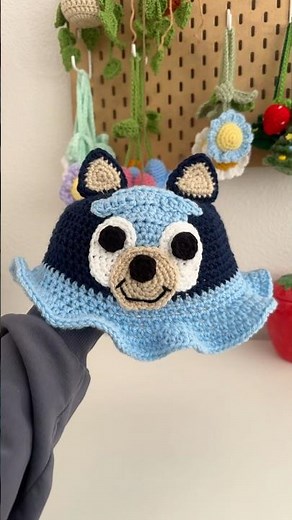 Crochet Bluey hat🐶💙 Isn’t she precious🕺🏻🪩 #crochethat #crochetbluey #bluey