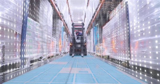 Working in a large cold storage warehouse with frozen foods. A forklift truck transports crates of frozen food in a cold warehouse. Inventory management. Smart logistic