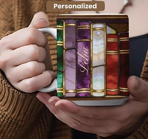 Personalized Stained Glass Bookshelf Mug – Custom Name Gift for Book Lovers, Vintage Library Coffee Cup - Etsy