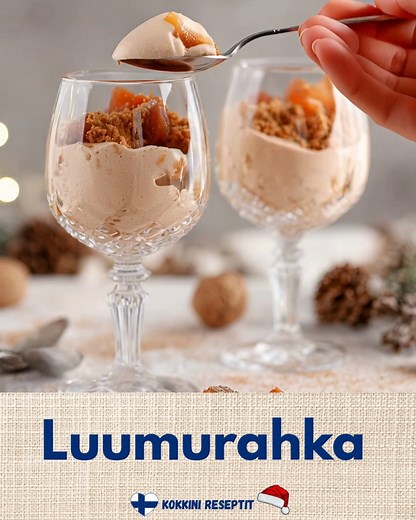 Luumurahka Jouluinen jälkiruoka täynnä makua ja pehmeyttä 🎄 🍽️ Ainesosat: ½ dl sokeria 2 tl vaniljasokeria 2 dl kuohukermaa 200 g maitorahkaa 150 g luumumarmeladia piparkakkuja koristeluun Ohjeet: - Vatkaa kuohukerma vaahdoksi - Sekoita joukkoon maitorahka ja luumumarmeladi - Lisää sokeri ja vaniljasokeri, sekoita ja tarkista maku - Koristele annokset piparkakkumuruilla juuri ennen tarjoilua #jälkiruoka #joulu #helppo | Kokkini Reseptit