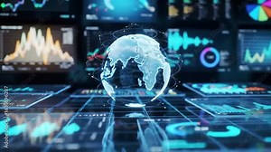 Futuristic global data analytics hub with rotating holographic Earth, dynamic dashboards, and animated data streams Stock Video