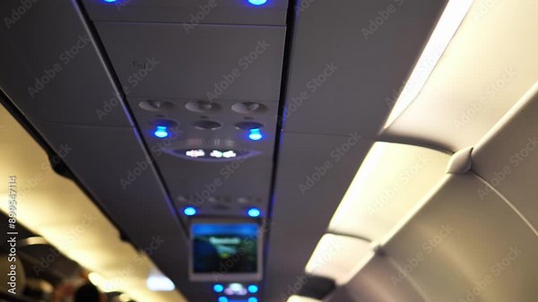 Aircraft cabin view displaying seating rows, overhead bins, and windows aircraft cabin is designed for passenger comfort and convenience. Great for highlighting layout and features of aircraft cabin.
