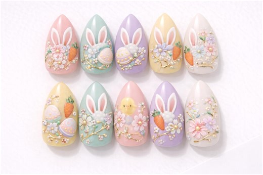 Easter Bunny Press on Nails, Pastel Spring Nail Set, Cute Chick Egg Nail Art, Kawaii Easter Nails, Almond Fake Nails, Handmade Reusable Nail - Etsy