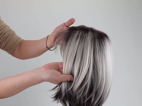 RENERSHOW Medium Length Bob Wig with Bangs for White Women Layered Blonde Balayage Bob Straight Hair Wig Natural Synthetic Hair Replacement Wig Ombre Platinum with Brown Wig