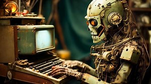 Download A robot sitting at a desk typing on a computer for free