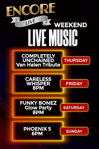 This weekend’s lineup at Encore LIVE is HOT! Don’t miss these killer shows — great music, great vibes, unforgettable nights. #LiveMusic #WeekendVibes #Concert | Encore Live