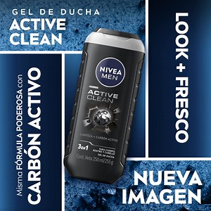 Descubre NIVEA MEN Active Clean, gel de ducha 3 en 1 que limpia en profundidad, refresca y deja una fragancia duradera. Pruébalo hoy. | NIVEA
