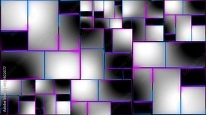 Digital wall animation with black and white gradient on rectangle shapes and neon glowing purple blue lines
