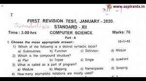 12th Computer Science First Revision Question Paper 2019-20 Tirunelveli District English Medium