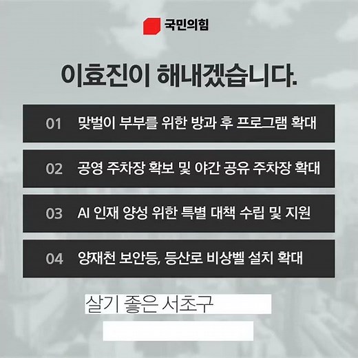 "살기 좋은 서초를 넘어, 삶이 좋은 서초구로!" #국민의힘 #서초구 #서울시의원 #지방선거 #이효진공약 #서초동 #양재동 #맞벌이돌봄 #공영주차장 #AI인재양성 #shorts