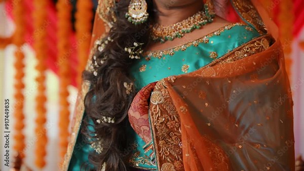 Bride dressed in traditional Indian clothes, Elements of hindu wedding. Close up