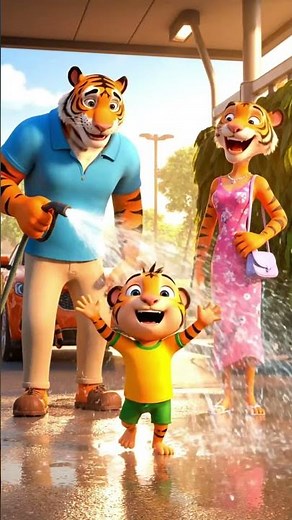 “Tiger Family Car Wash Fun 🚗🐯 | Baby Tiger Playing with Water | Cute 3D Cartoon Animation”