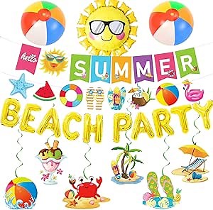 Bluegogo Beach Party Decorations-30 Pcs Hello Summer Party Decorations Pool Party Decorations Include Banners Hanging Swirls Balloons Beach Balls for Summer Beach Party Supplies