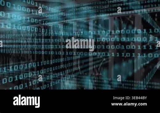 Animation of binary code in blue over servers. global network, connections, data processing, technology and digital interface concept digitally generated video.