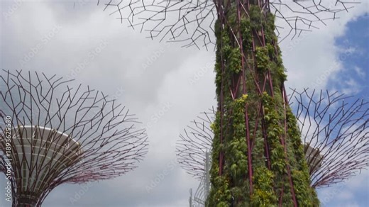 Tilt up view towards the Supertree structures at Supertree grove, Gardens by the Bay in Singapore.