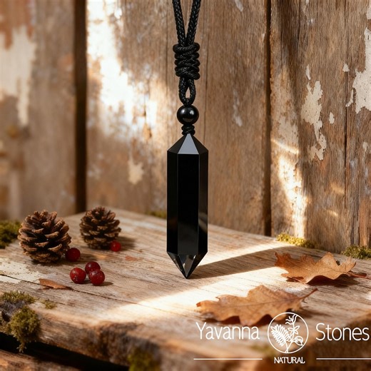 Black Obsidian Double Point Pendant, Hexagonal Crystal Amulet - Etsy