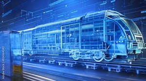 A digital rendering of a modern high-speed train concept, showcasing its intricate design and futuristic features A blueprint concept for a high-tech transportation system