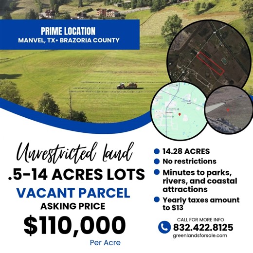 14 shares |  0.5 acre lots - up to 14 Acres for sale in Manvel,...