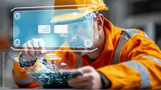 AR in the Workplace: A construction worker uses augmented reality on the job, highlighting technology's impact on modern industrial environments.