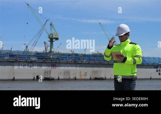 An engineer works at a busy shipping port, inspecting containers and managing logistics operations, ensuring smooth import and export processes with safety and efficiency in global trade Stock Video Footage - Alamy