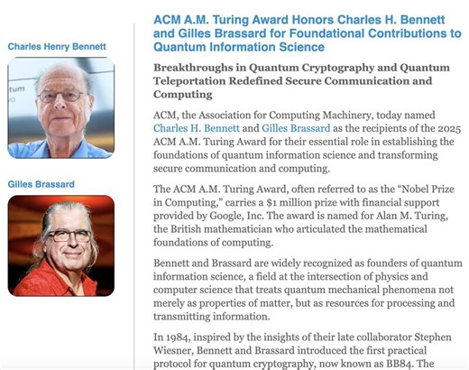 Charles Bennett and Gilles Brassard won the Turing Award for inventing quantum cryptography. The BB84 protocol lets two parties exchange encryption keys with unconditional security guaranteed by… | Lukasz Olejnik, Ph.D, LL.M