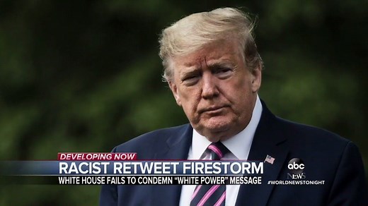 RACIST TWEET FIRESTORM: President Trump continues to face backlash for retweeting — then deleting — a video of a Florida supporter repeatedly yelling “white power,” with the president yet to condemn the statement. Jonathan Karl reports. https://abcn.ws/2CNJwIh | ABC World News Tonight with David Muir