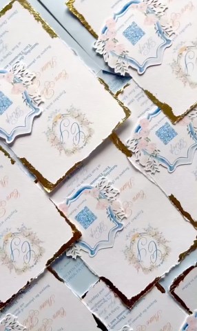 Blue Wedding Invitation Suite, Wedding Invitation, Deckled Edge Invitation, Romantic Wedding Invites, Cotton Paper Crest With Gold Leaves - Etsy